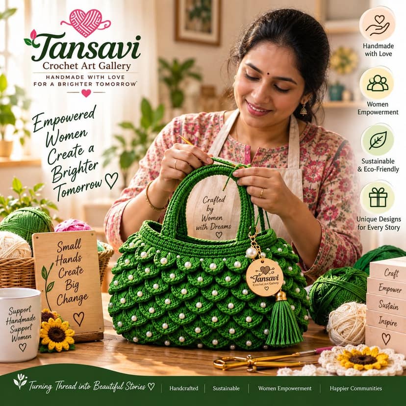 Tansavi Crochet Art Gallery Handmade Green Crochet Pearl Handbag for Women – Stylish Handcrafted Shoulder & Hand Bag view 4