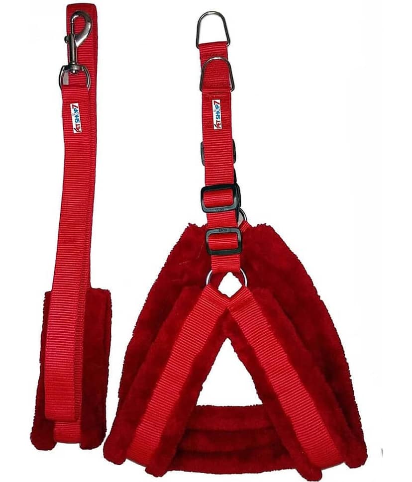 Petshop7 Fur Padded Nylon Dog Harness & Dog Leash Large (Chest Size - 29-35inch) Red