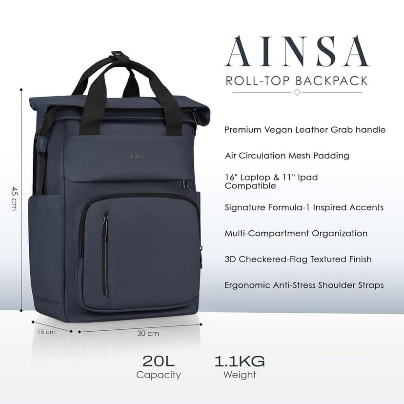 RARE RABBIT AINSA Roll-Top Overnighter Backpack, Water Repellent, Laptop Compartment, 20L (Blue) view 2