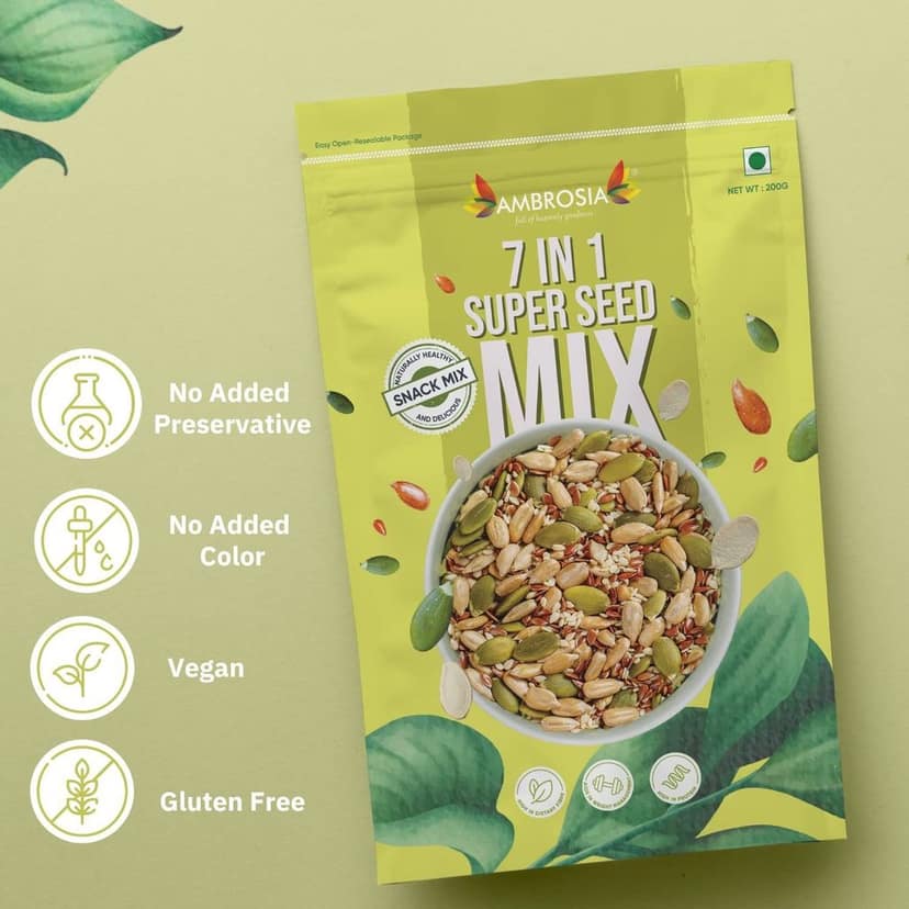 Ambrosia 7-1 Seed Trail Mix 200 g | Flax , Pumpkin , Sunflower, Chia , Melon , White Sesame & Diced Almonds | Add to Smoothie & Salad | Fibre Rich view 3
