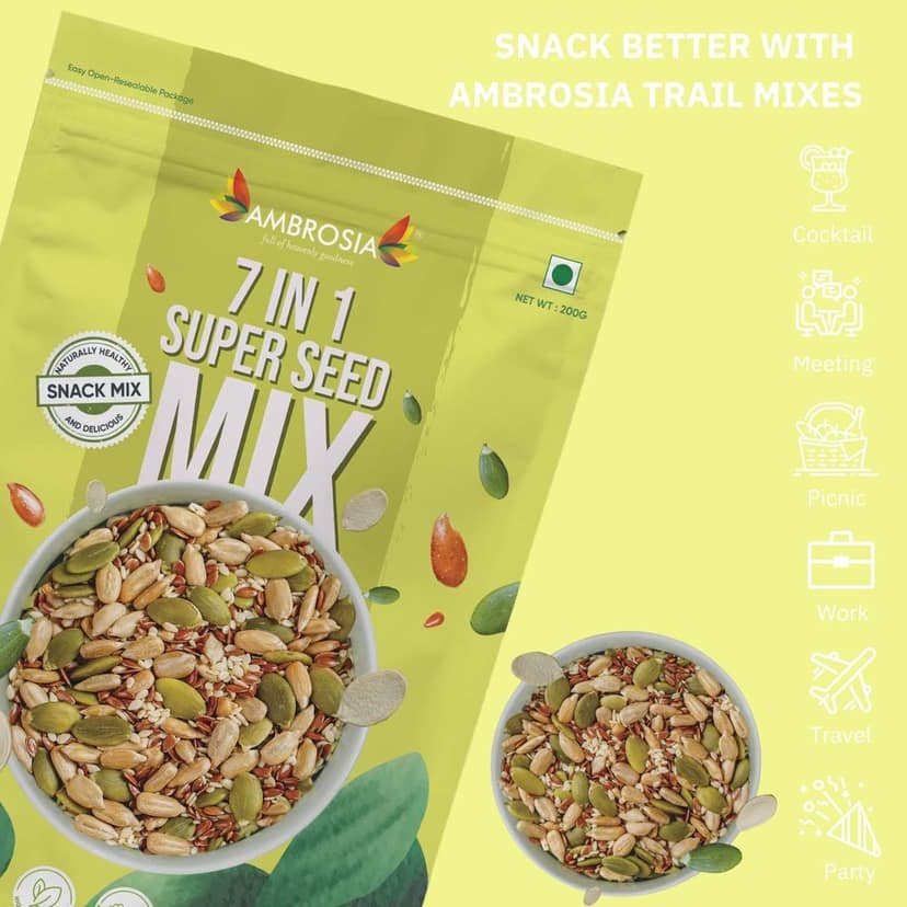 Ambrosia 7-1 Seed Trail Mix 200 g | Flax , Pumpkin , Sunflower, Chia , Melon , White Sesame & Diced Almonds | Add to Smoothie & Salad | Fibre Rich view 5