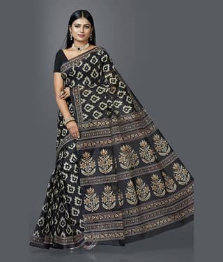 SHANVIKA Cotton Printed Saree Without Blouse Piece ( Black )