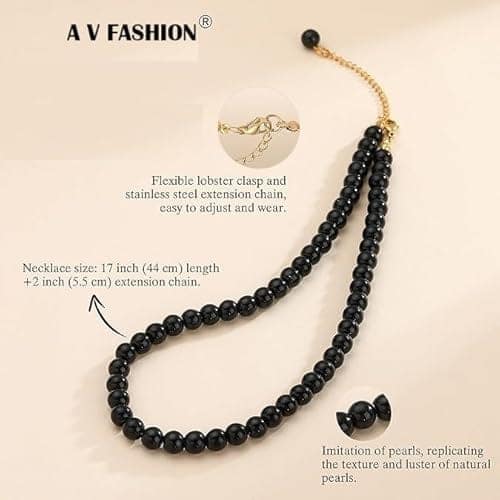 A V FASHION - Pearl Necklace For Girl and Women Black PearLNecklaces for Women, 8MM Beaded Choker Necklace 1 Layer Beaded Mala Fashion Jewellery view 3