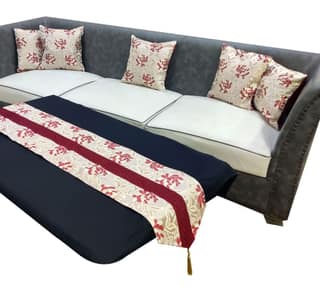 Maroon Red White Damask Floral Woven Square 5 Cushion Covers and 1 Table Runner Combo Luxury Modern Pillow Cover for Sofa Living Room Bedroom |24X24 Inch Cushion Cover I12 X 59 Inch Table Runner