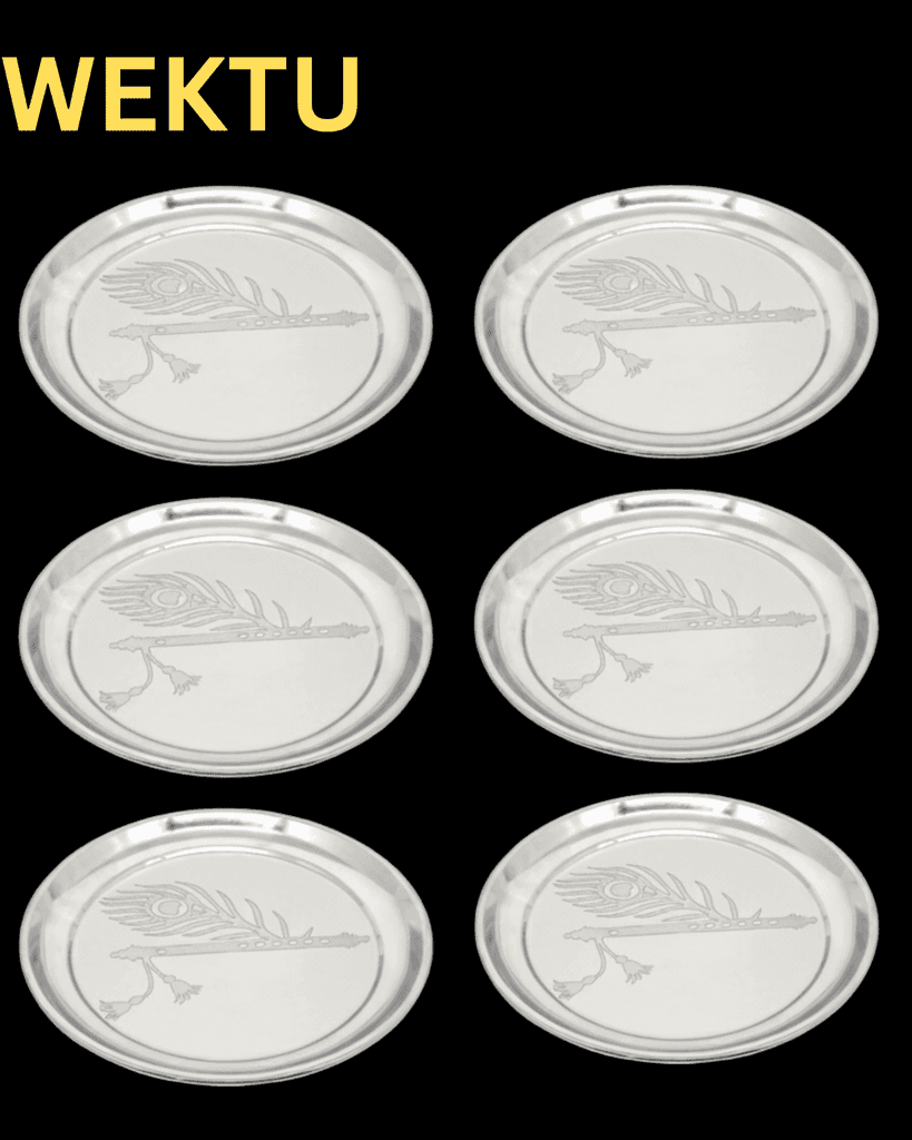 Silver Plates with Peacock Feather & Flute Design - Set of 6