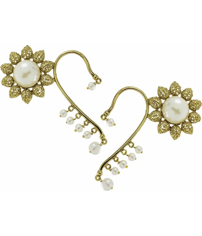 The Jewelbox Sun Flower Filigree Pearl Antique Gold Plated Ear Cuff Pair Earring for Women