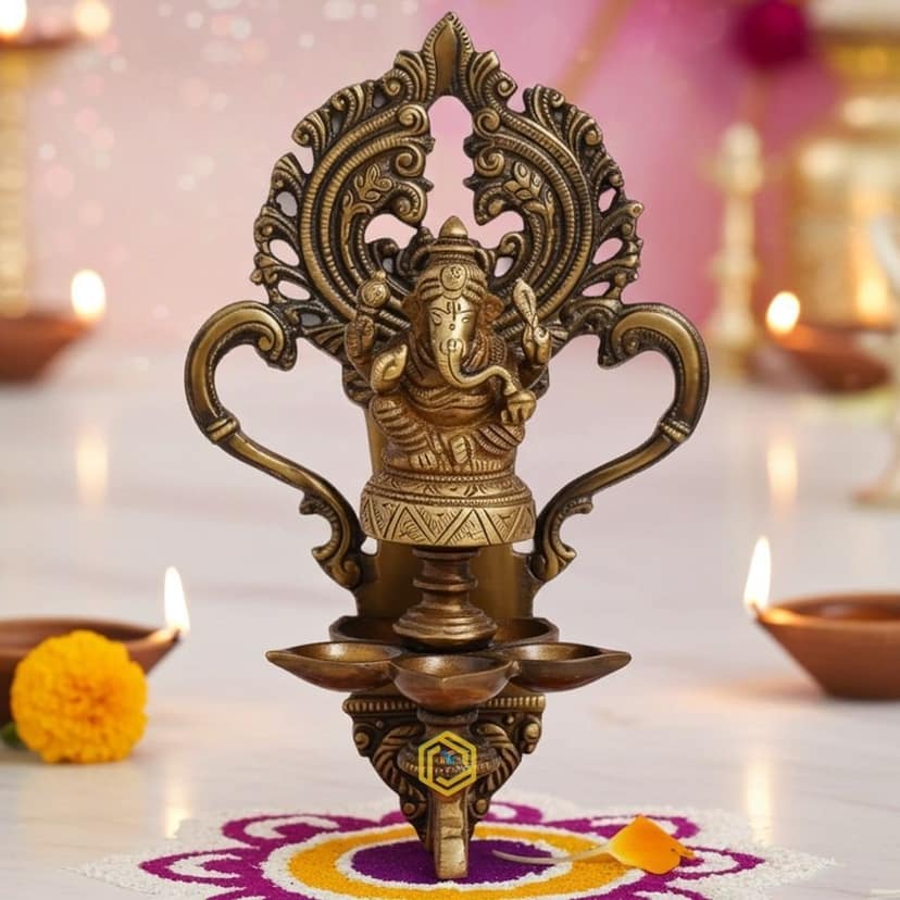 Brass Wall Hanging Lord Ganesh Oil Lamp Deepak - Auspicious Deepak for Temple Wall, Height : 12 Inch (BSMAS1200 A)