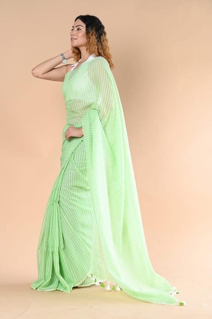 Designer Pure Cotton Sarees with All over Linear Stripes ~fern green view 2