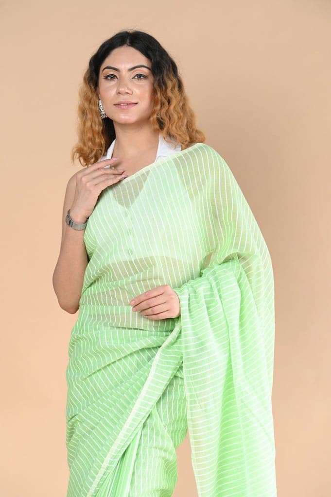 Designer Pure Cotton Sarees with All over Linear Stripes ~fern green view 3