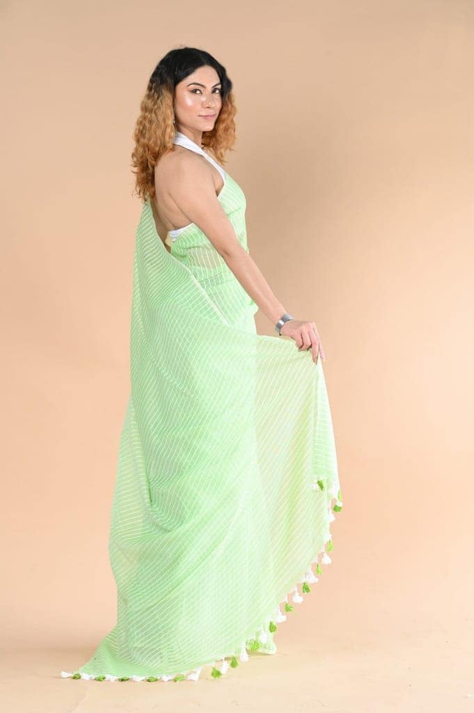 Designer Pure Cotton Sarees with All over Linear Stripes ~fern green view 4