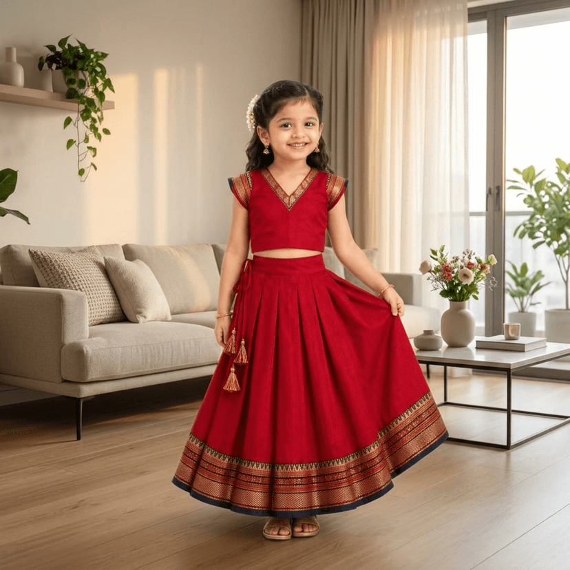 Mom and Me Girls’ Lehenga Choli/Parker Polka/Pattu Pavadai (0 Months–6 Years) | Acrylic Cotton with Soft Cotton Lining | V-Neck, Short Puff Sleeves, Zipper Closure (Red, 18-24 M) view 3