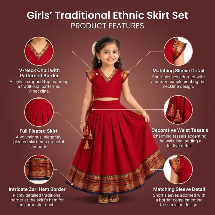 Mom and Me Girls’ Lehenga Choli/Parker Polka/Pattu Pavadai (0 Months–6 Years) | Acrylic Cotton with Soft Cotton Lining | V-Neck, Short Puff Sleeves, Zipper Closure (Red, 18-24 M) view 4