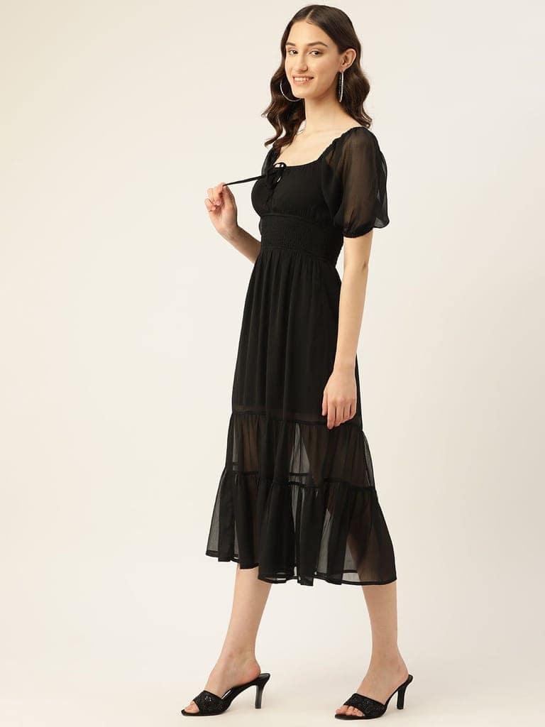 Rue Collection Tie-Up Neck Chiffon A-Line Midi Dress view 2
