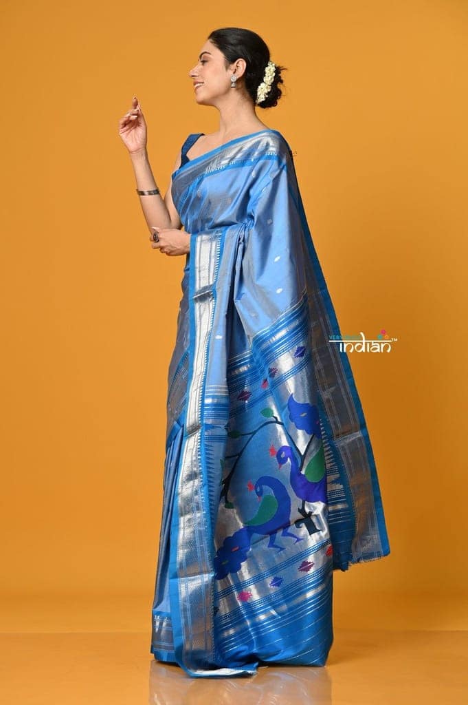 Param Sundari ~ Handloom Pure Silk Paithani Saree with Traditional Peacock Pallu ~ Powder Blue view 2
