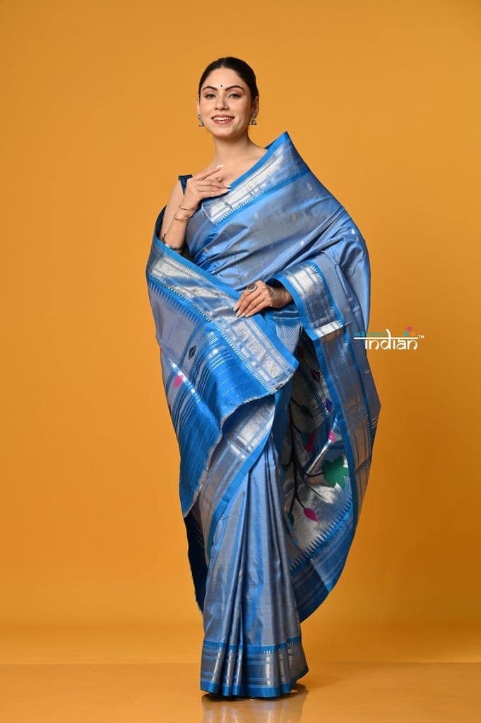 Param Sundari ~ Handloom Pure Silk Paithani Saree with Traditional Peacock Pallu ~ Powder Blue view 4