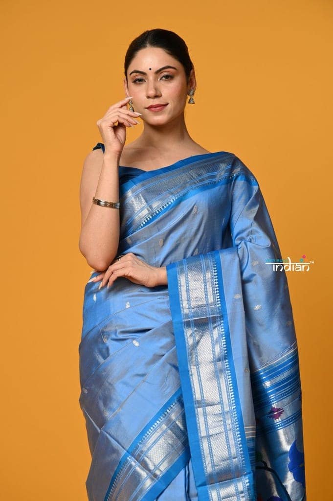 Param Sundari ~ Handloom Pure Silk Paithani Saree with Traditional Peacock Pallu ~ Powder Blue view 5