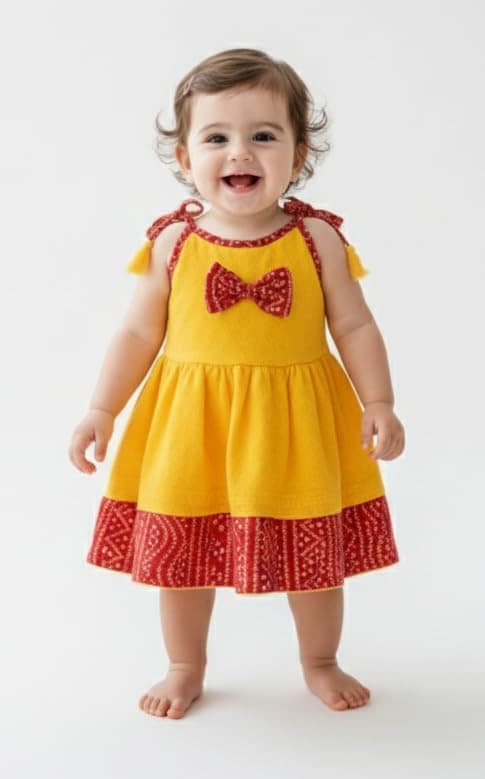 Mom and Me Baby Girls Pure Cotton Chikankari Frock with Bandhani Border | Sleeveless Shoulder Strap Dress | Soft Cotton Lining | Summer Wear (in, Age, 3 Months, 6 Months, Regular, Yellow)