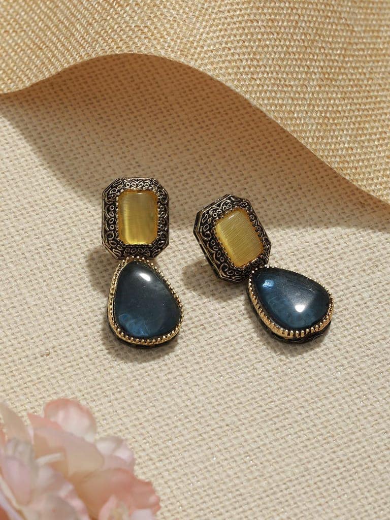 Gold Oxidised Yellow AD Stone Designer Handcrafted Drop Earrings view 3