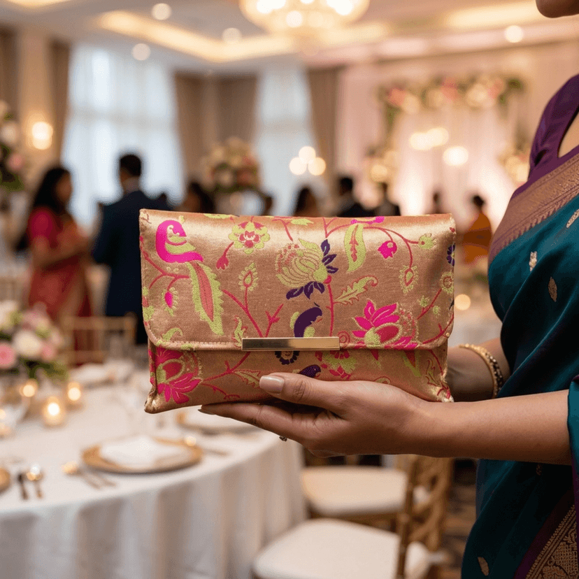 Paithani Hard Clutch - Stylish Party Clutch with Golden Chain view 3