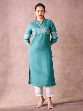 Teal Blue Viscose Linen Kurti & Bottom With Embroidery