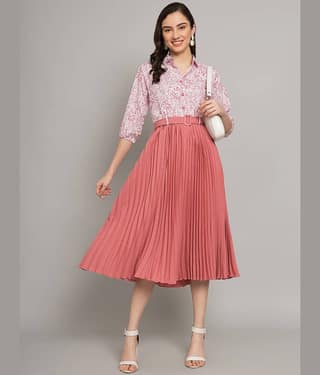 OTABU Women Polyester Printed Fit & Flare Dress ( Peach )