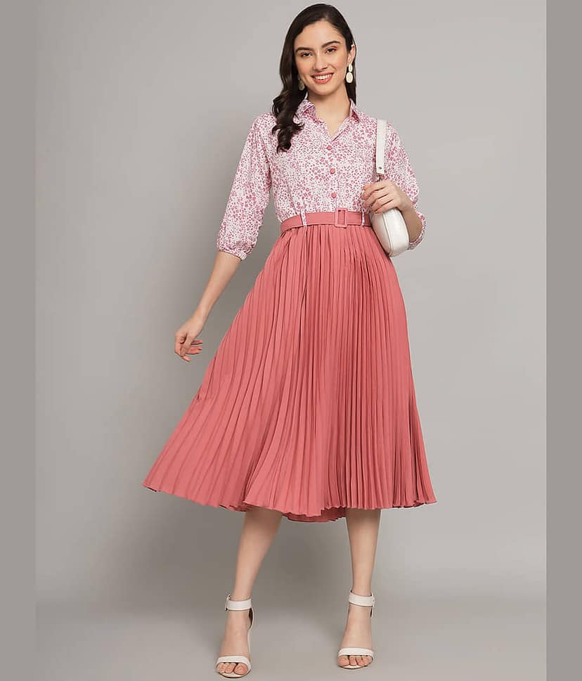 OTABU Women Polyester Printed Fit & Flare Dress ( Peach )