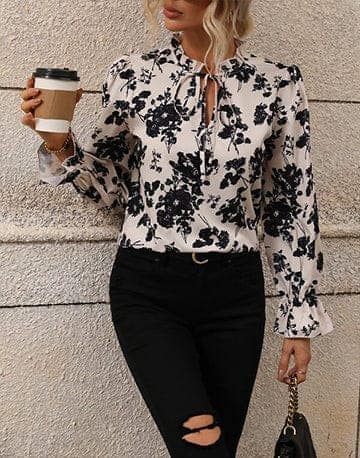 Boho Belle: Frilled Tie Neck Women's Floral Blouse view 3