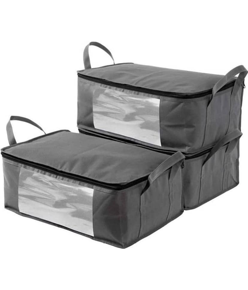 SH NASIMA Set of 3 Underbed Storage Bag, Storage Organizer, Blanket Cover with Front Handle - (Full Grey) view 2