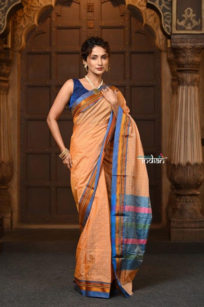Parampara ~ Cotton Blend Saree in Regal Neutral Beige with Blue Border & Pallu view 2