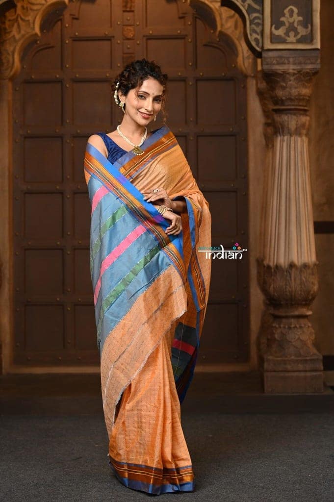 Parampara ~ Cotton Blend Saree in Regal Neutral Beige with Blue Border & Pallu view 4