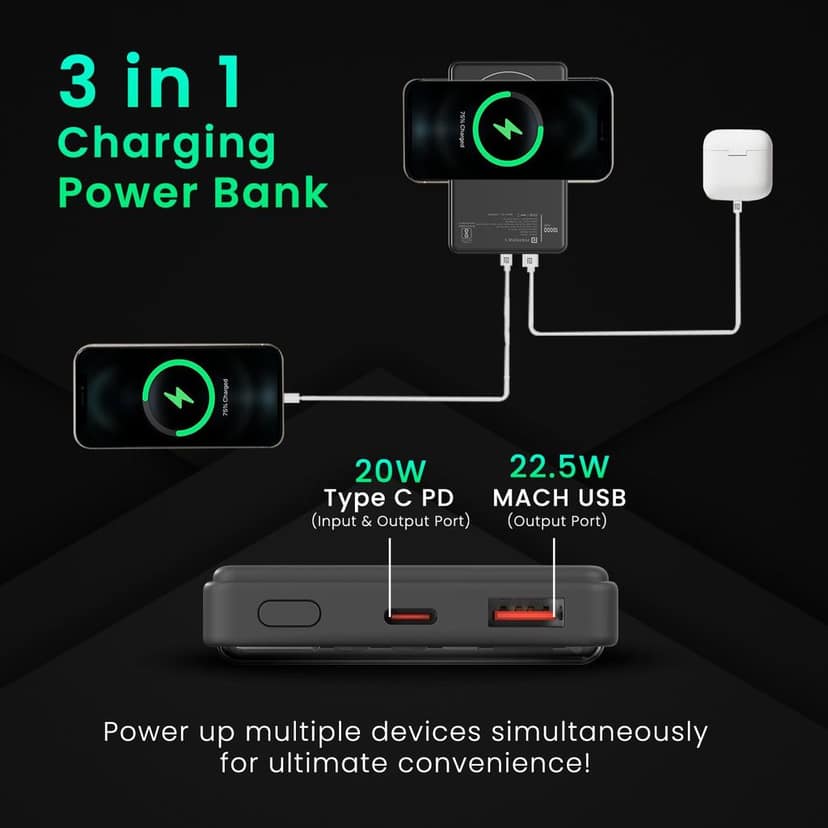 Portronics Luxcell Wireless Mini 10k 10000mAh 15W Magnetic Wireless Fast Charging Nano Power Bank with 22.5 Wired Output Compatible with iPhone 12 & Above & Other QI Enabled Devices view 2