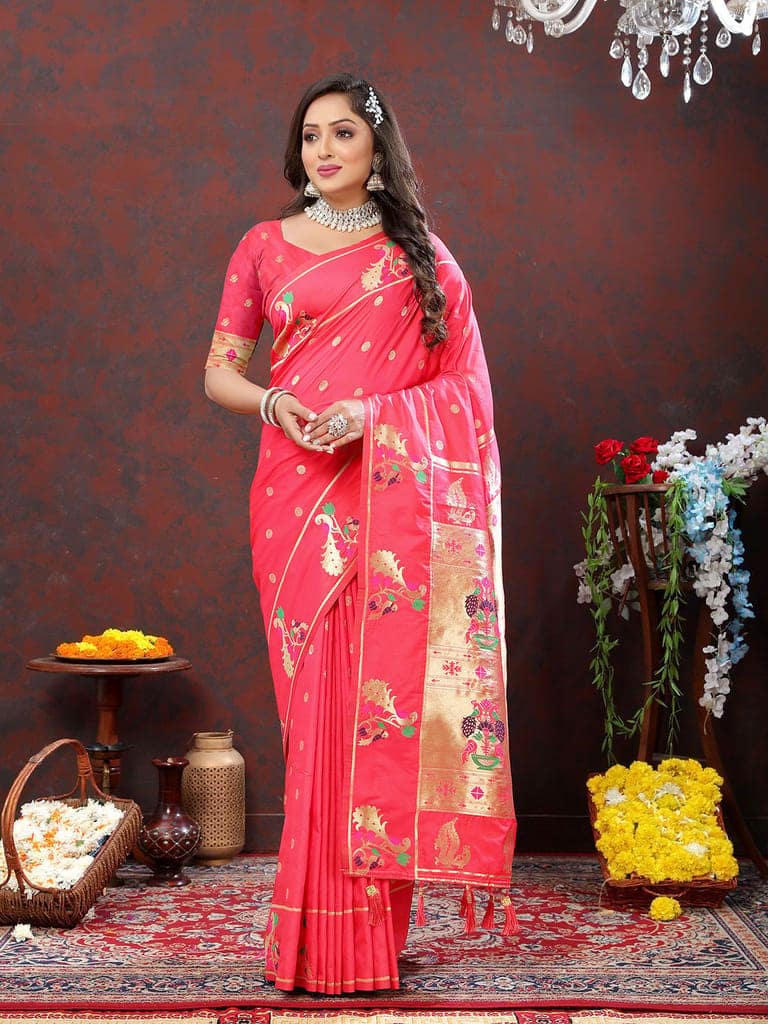 Peach Soft Paithani Silk Woven Design Gold Zari Meenakari Weaving Saree