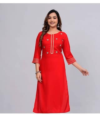 MAUKA Rayon Embroidered Straight Women's Kurti - Red ( Pack of 1 )