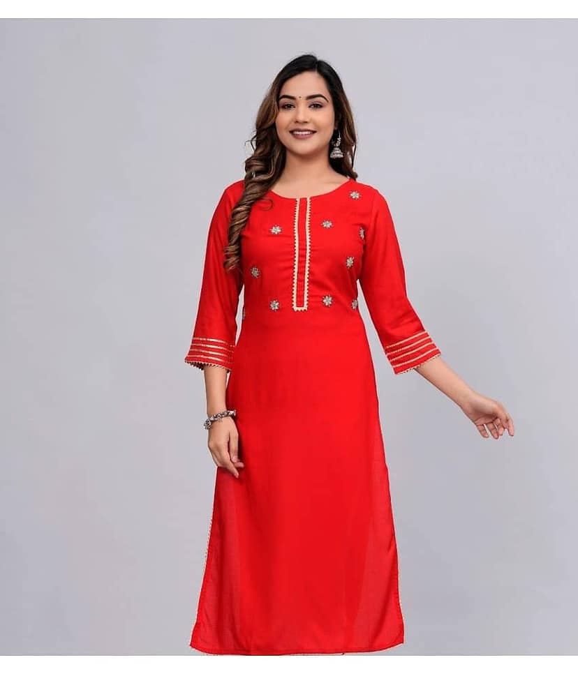 MAUKA Rayon Embroidered Straight Women's Kurti - Red ( Pack of 1 )