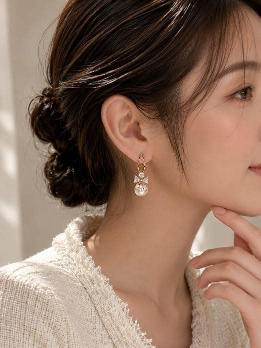Elegantra 18K Gold Plated Pearl Drop Earrings for Women & Girls | Sparkling Crystal Bow Pearl Drop Hoop Earrings | Elegant Half Hoop Pearl Drops for Party, Wedding & Festive Wear (Pair of 1) view 4
