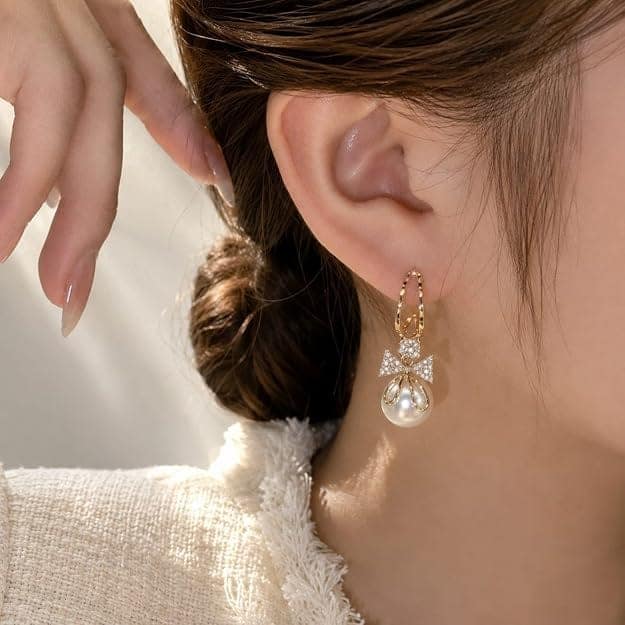 Elegantra 18K Gold Plated Pearl Drop Earrings for Women & Girls | Sparkling Crystal Bow Pearl Drop Hoop Earrings | Elegant Half Hoop Pearl Drops for Party, Wedding & Festive Wear (Pair of 1) view 6