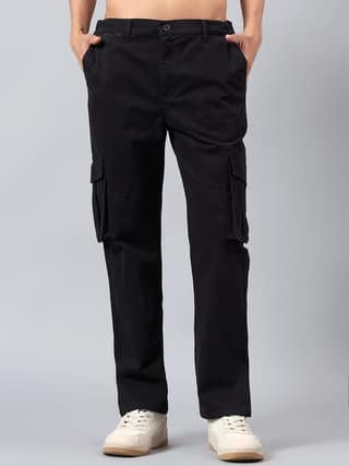 Men's Black Regular Fit Cotton Blend Cargo Pants