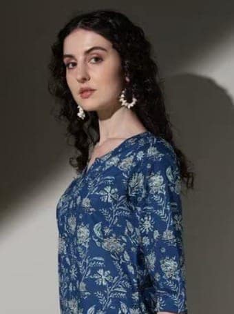 Blue Floral Print Cotton Tunic view 2