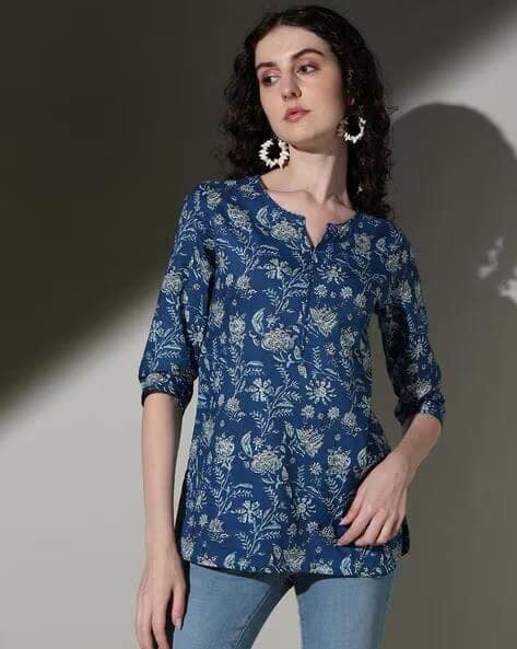 Blue Floral Print Cotton Tunic view 3