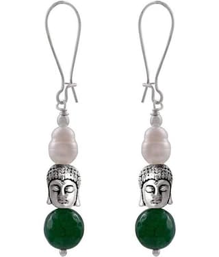 German Silver Plated Oxidised Buddha, Semi Precious Pearl and Agate Bead Designer Earring for Girls and Women