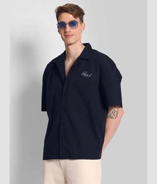 Bene Kleed 100% Cotton Oversized Fit Embroidered Half Sleeves Men's Casual Shirt - Navy Blue ( Pack of 1 )
