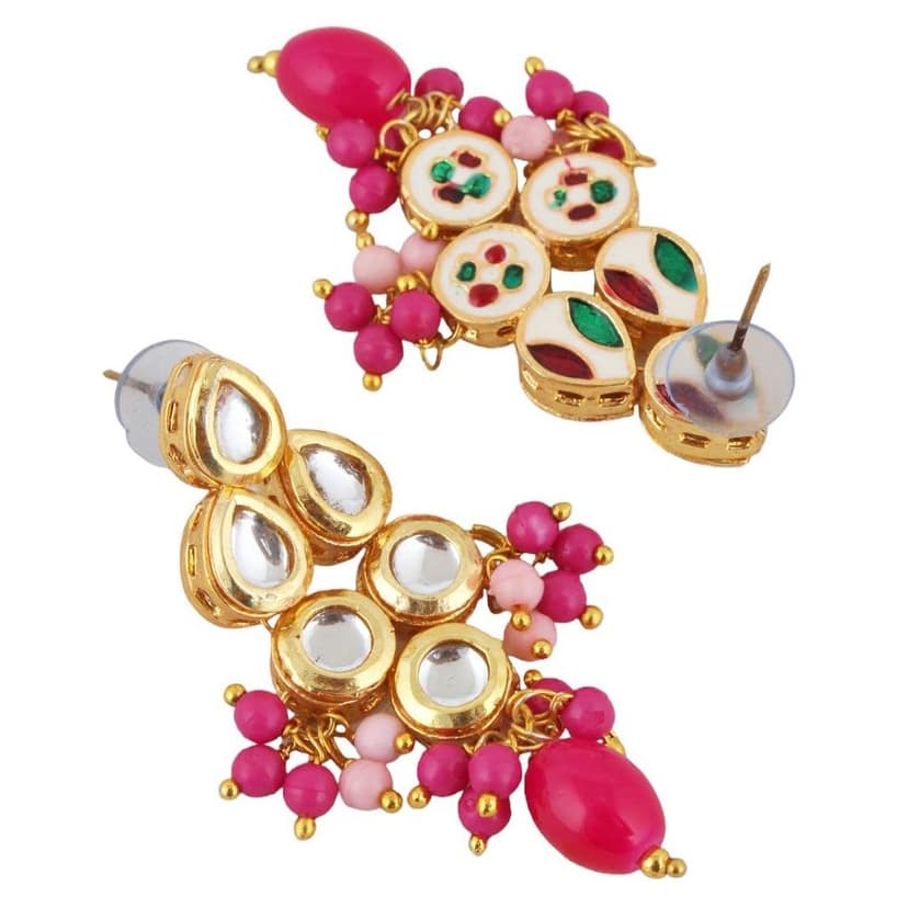 LUCKY JEWELLERY Back Meenakari 18k Gold Plated Multi Color Earring Combo Uncut Big Faux Kundan Choker Necklace set (974-J5SK-1782-PKR) view 4