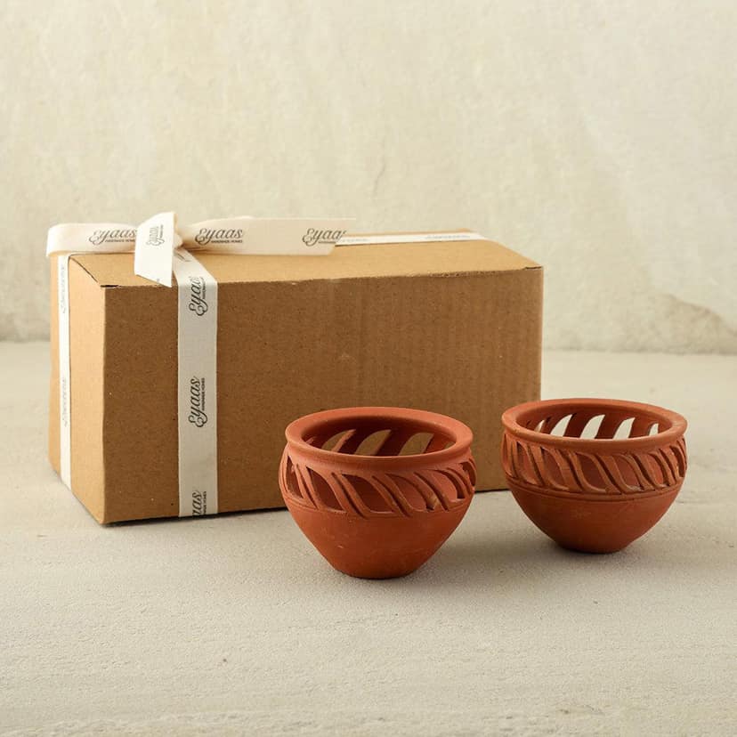 Matka Terracotta Diya - Leaf Cuts (Pack of 1, Natural, 3 inches x 2 inches) view 2