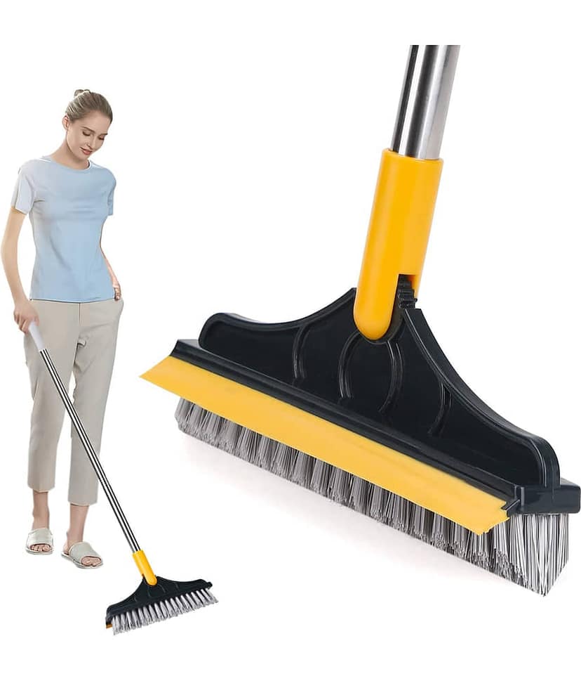 2 in 1 Floor Cleaning Brush with Wiper Long Handle, Bathroom Cleaning Brush Scrubber, Tile & Floor Cleaning Brush, Kitchen Floor Cleaner, Multipurpose Heavy Duty Cleaning Brush with 3 Layer Bristles for Wall, Tiles, Bathroom & Home Cleaning