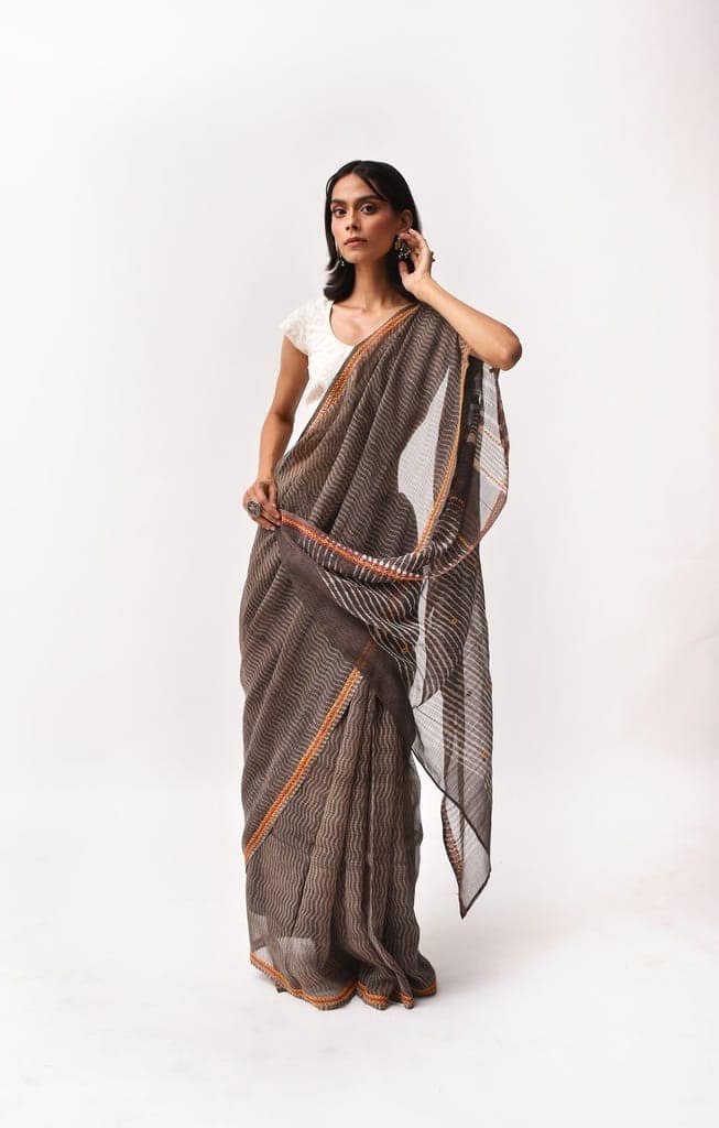 Fiza Brown Hand-Embroidered Block-Printed Wave Saree view 2