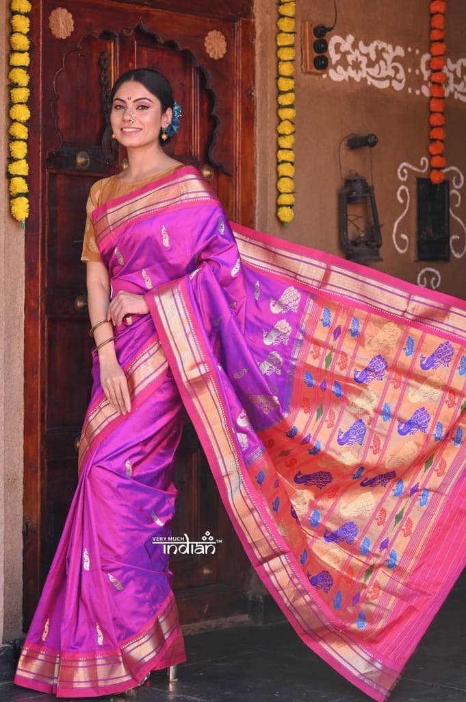 Raaga~ Traditional Handloom Pure Silk Violet Paithani with Pink Border and Most Traditional Pallu view 3