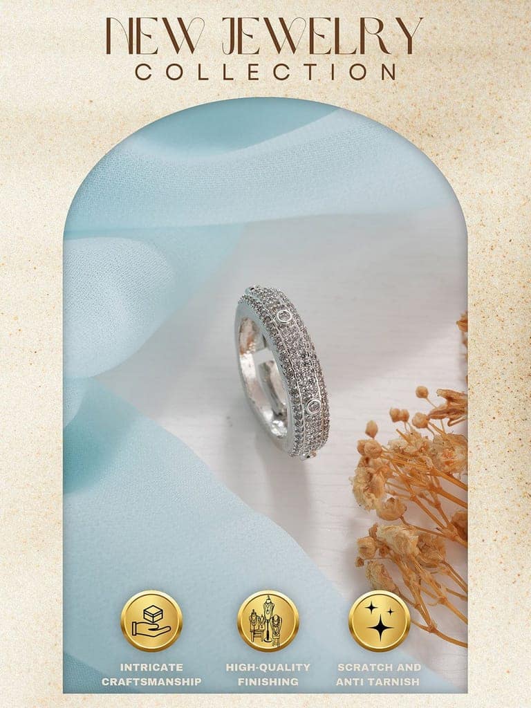 White Rhodium AD Studded Minimal Engagement Band Adjustable Finger Ring view 4
