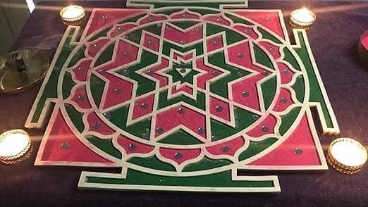 The Brown Box-Island Rangoli-Shree Yantra Diya Design Template, Rangoli Making kit with Colors and Glitter, Reusable, Portable, Floating, Readymade, Easy Rangoli Stencils, Diwali Decor. view 2