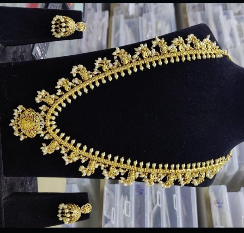 "Stunning Lakshmi Gold Plated Haram Necklace Set with Pearls and Earrings" view 3
