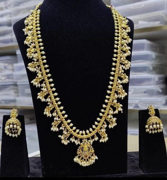 "Stunning Lakshmi Gold Plated Haram Necklace Set with Pearls and Earrings" view 4